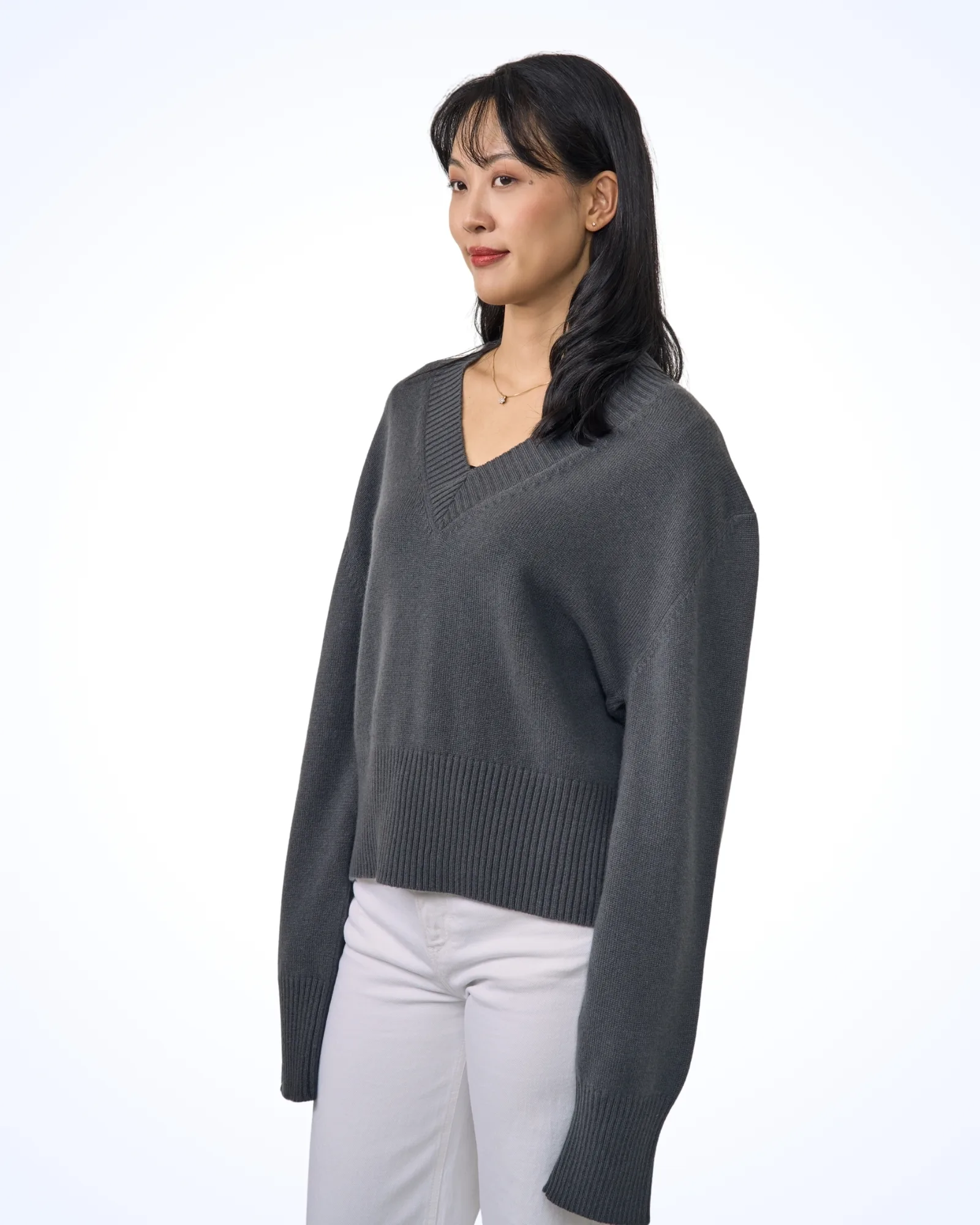 Snow White Scandi Collar V-Neck Sweater - Vinterlyn Pure Cashmere